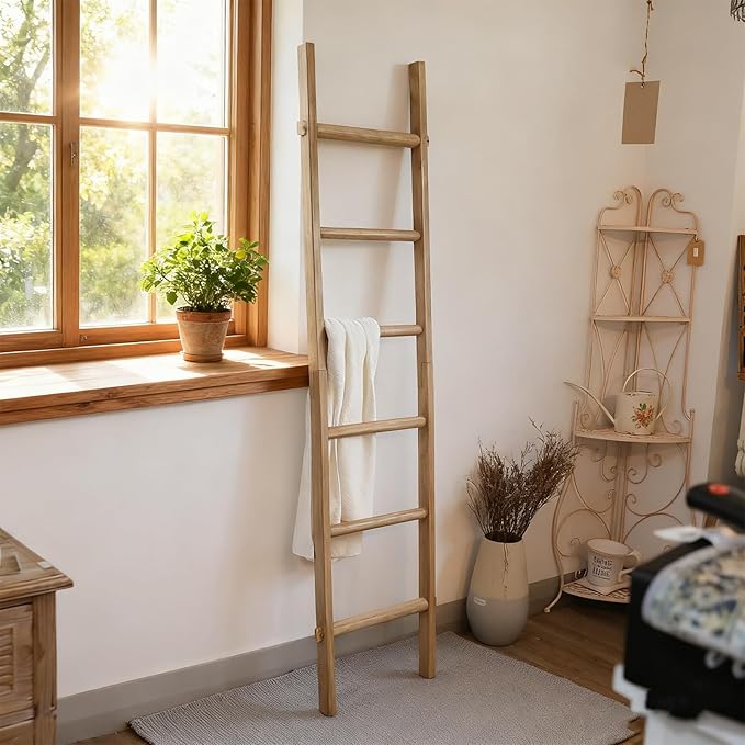 Wooden Blanket Ladder - Natural & Motley Wood - Leaning Wall Decor for Bedroom, Bathroom, Living Room - Rustic Quilt Holder & Towel Rack (Brown, 76in（6-Tier）)