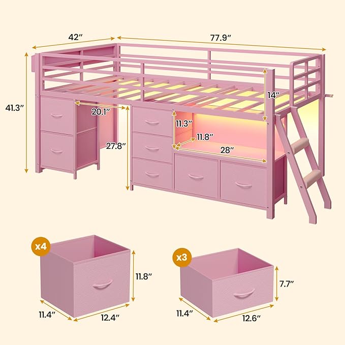 ADORNEVE Low Loft Bed Twin Size with 7 Storage Drawers, Bookcase and LED Lights, Metal Kids Loft Bed with 14" H Safety Guardrail,Inclined Ladder and Play Curtain, Under-Bed Play Space,Pink