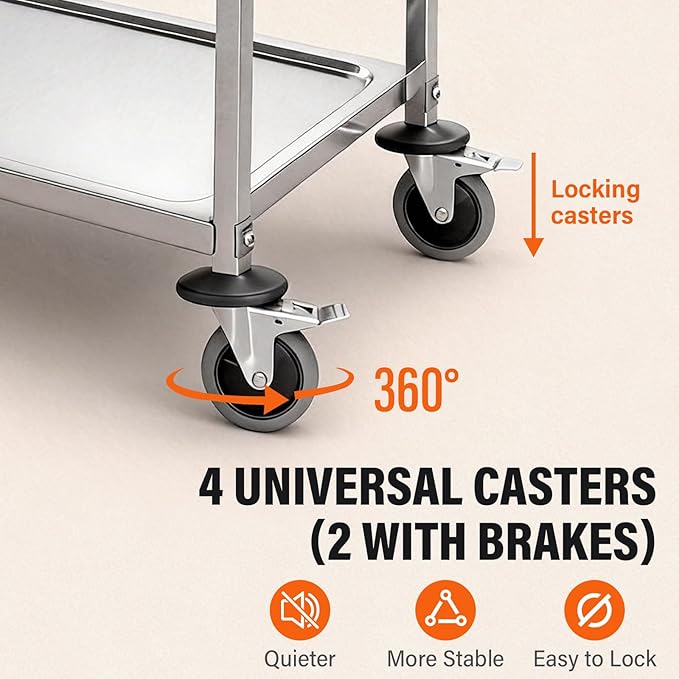 3-Tier Stainless Steel Utility Cart, 37.4"×19.69"×37.4", Rolling Kitchen Serving Trolley, Catering Storage Cart with 2 Lockable Wheels for Hotel, Restaurant, Home Use(Large)