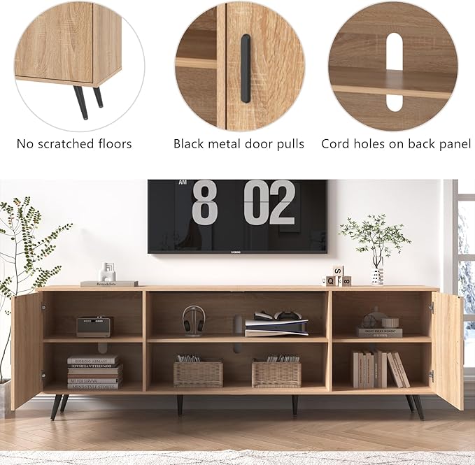 80 Inch Mid Century Modern TV Stand for 75 Inch TV, Wood TV Stand with Storage, Entertainment Center for Living Room Bedroom, TV Media Console, Oak