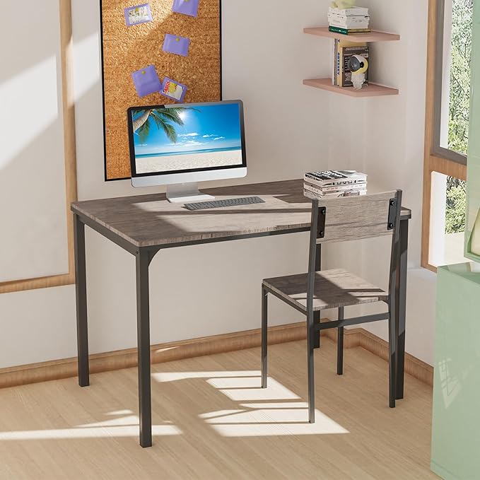 COSTWAY Dining Table Set for 4, Rectangular Kitchen Table Set with Bench and 2 Chairs, Storage Rack & Metal Frame, 4-Piece Dining Room Table and Chairs Set for Small Space, Apartment (Grey)