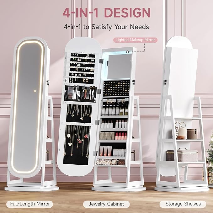 360° Swivel Jewelry Mirror Cabinet with Lights, Inside Makeup Mirror, Standing Jewelry Armoire Organizer, Rotatable Full-Length Mirror with Jewelry Storage, Lockable with Back Storage Shelves (White)