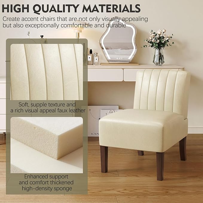 Armless Accent Chairs Set of 2 Upholstered Dining Chairs Living Room Chairs with Solid Wood Legs Bedroom Chair Leather Reading Chair Comfy Chair for Bedroom Vanity Kitchen (Beige)