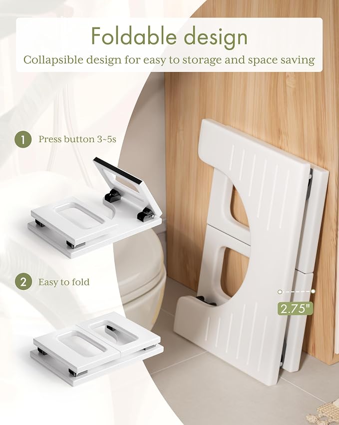 AmazerBath 8.5 Inches Bamboo Toilet Stool Squat for Adults, Collapsible Poop Stool for Bathroom, 0.79" Thickness Squatting Potty with Non-Slip Strip, No Assembly Required, White
