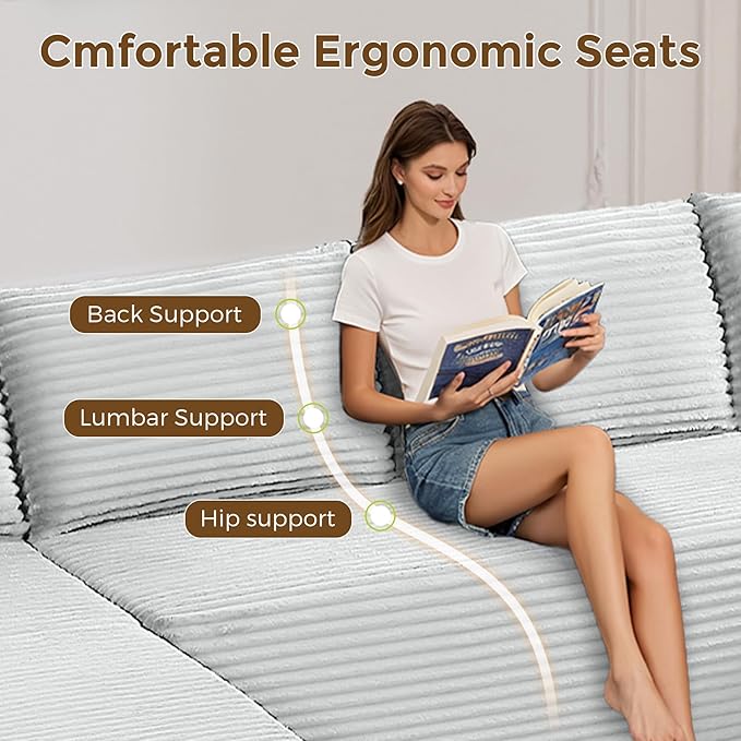 133" Oversized Cloud Boneless Sofa Couch with Chaise, Modern Corduroy Modular Sectional Sofa with Deep Seat, Comfy Couch with cupholders and Storage, No Assembly Required-Light Grey