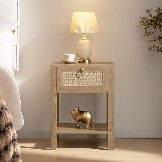 SICOTAS Rattan Nightstand,Rattan Decor Drawer with Brass Knobs Night Stand Bedside Table Boho End Tables Side Tables with Storage Shelf for Bedroom,Small Space