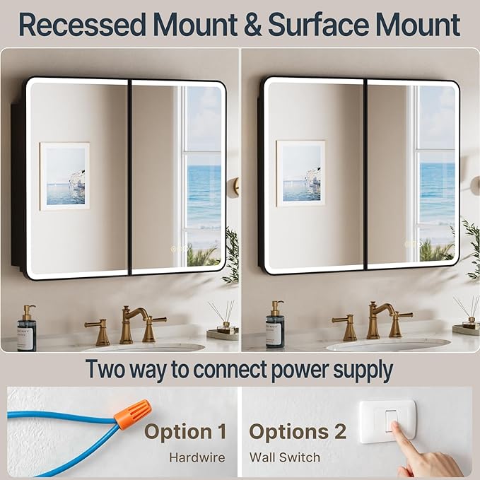36x30 Inch Medicine Cabinet with Mirror, Recessed or Surface Mount Bathroom Medicine Cabinet with LED Lights, Anti-Fog, Memory Function, Adjustable Shelf, Dimmable Light, ETL Listed, Black