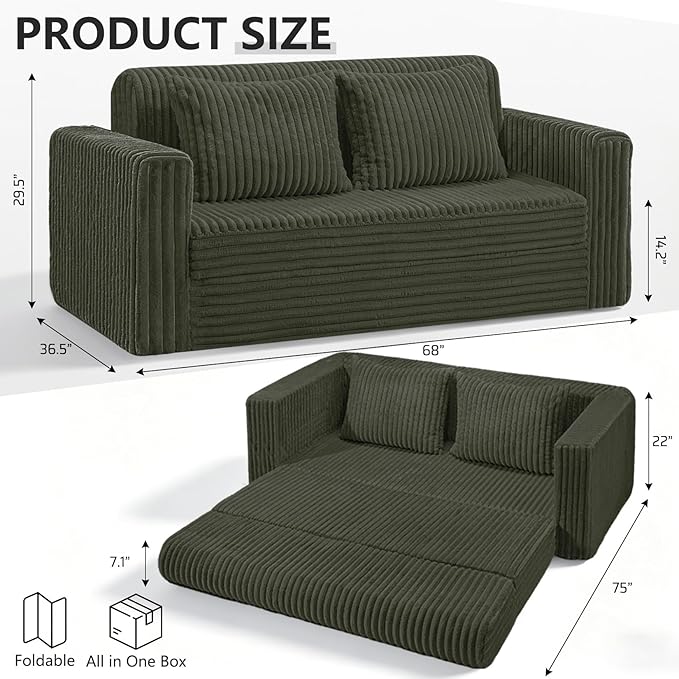 HABUTWAY 68" Loveseat Boneless Couch, 4-in-1 Convertible Sofa Bed, Plush Fur Folding Futon Sofa Bed Couches with 2 Pillows for Living Room, High-Density Foam Support, No Assembly Required, Green