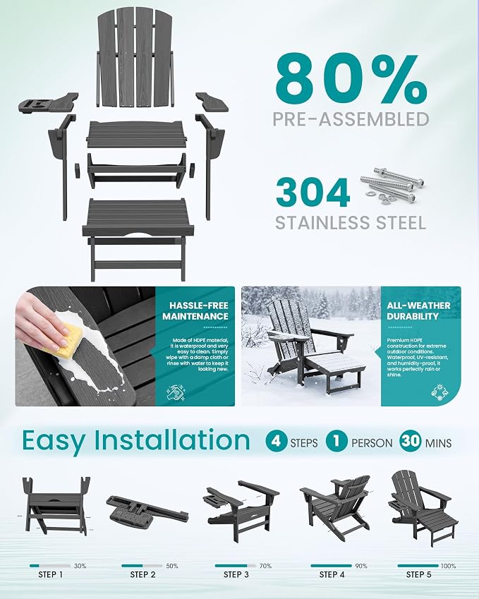 SERWALL Folding Adjustable Adirondack Chair with Footrest, HDPE Outdoor Chair with 4-in-1 Cup Holders, All Weather Adirondack Chair with Ottoman, Gray