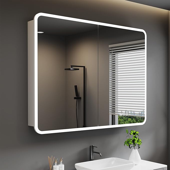 Medicine Cabinet with LED Lights and Mirror, 48 x 32 Inch Surface or Recessed Mounted Bathroom Cabinets with Door, Defogger, Memory Function, 3-Color Mode, Outlet&USB, Dimmer, Storage
