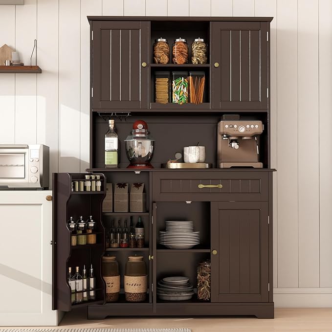 Gizoon Kitchen Hutch Cabinet Kitchen Hutch Storage Cabinet Tall Pantry Coffee Bar with Storage for Dining Room and Craft Room, Painted Dark Brown