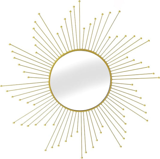 Large Gold Sunburst Mirror - 31" Starburst Wall Mirror with 12" Round Glass, Mid-Century Modern Elegant Gold Sun Mirrors for Living Room, Bedroom, Entryway Decor