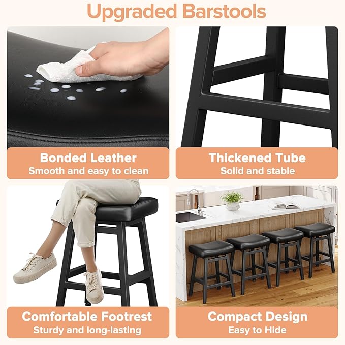 Raynesys Counter Height Bar Stools Set of 3, 24 Inch Barstools for Kitchen Counter, Kitchen Stools with Bonded Leather Saddle Seats & Heavy Duty Metal Legs, Easy Assembly, All Black