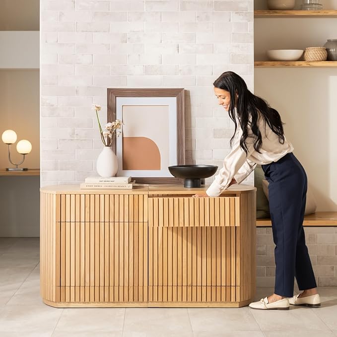 Transformer Table - Solid Wood Extendable Round Dining Table Set with Sideboard Panel Storage Cabinet, Expandable Round Dining Set, Elegant and Functional Design Natural (Table + Sideboard)