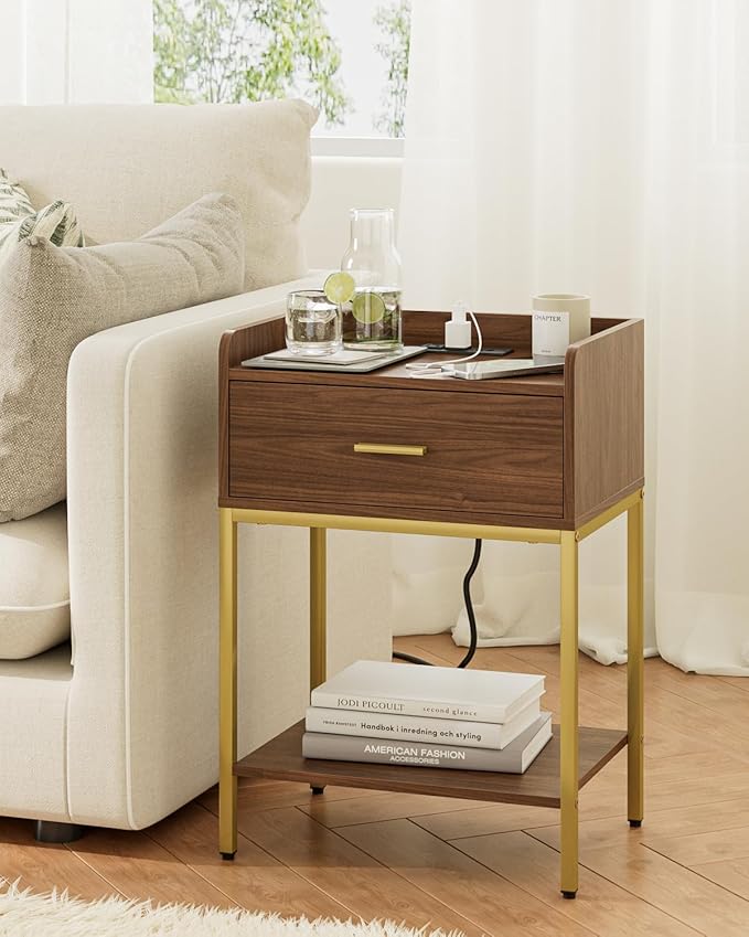 Masupu Nightstand with Charging Station, 3-Tier Modern Bedside Night Stand with Storage Drawer and Shelf, Small End Side Table for Bedroom, Living Room, Walnut