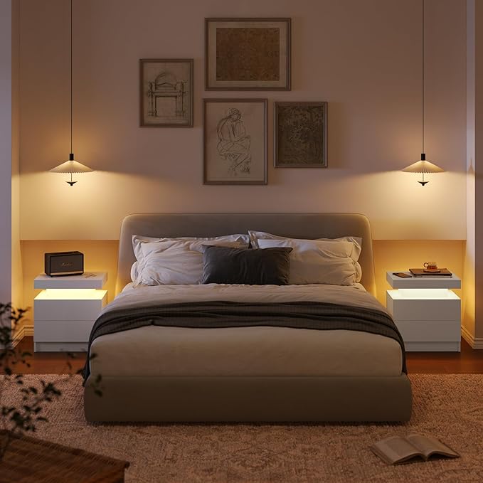 White LED Nightstand Modern Night Stand for Bedroom Bedside Table with 2 Wood Drawers End Side Table