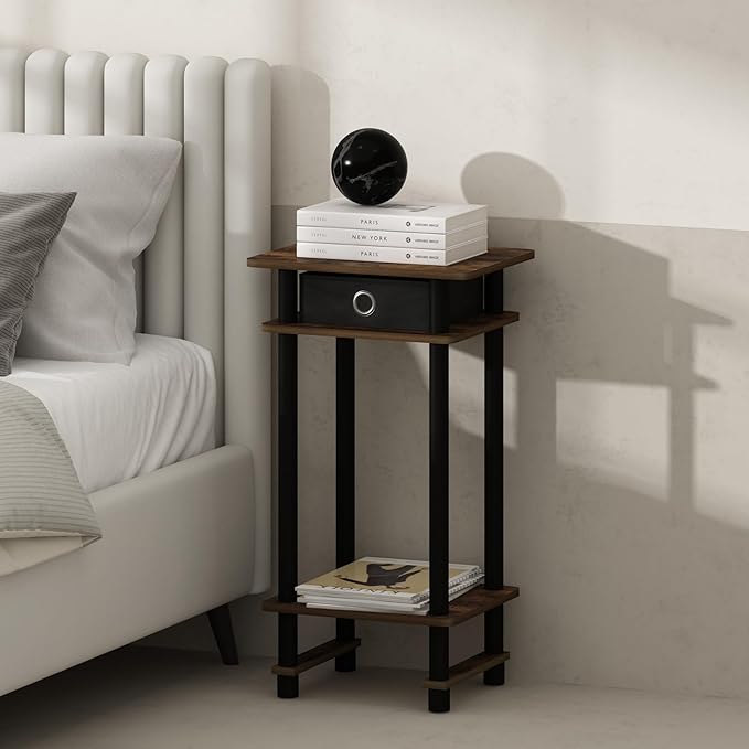 Furinno Turn-N-Tube Tall Nightstand with Bin, 1-Pack, Plastic Poles, Amber Pine/Black