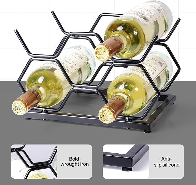 Countertop Wine Rack - 5 Bottle Freestanding Modern Gold Metal Small Wine Rack - Tabletop Wine Holder Stand for Cabinet, Pantry, Wine Bottle Storage