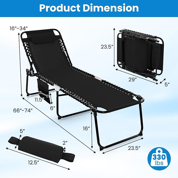 GYMAX Lounge Chairs for Outside, Extra High Folding Beach Tanning Lounger with Adjustable Backrest, Footrest & Removable Pillow, Sunbath Lounge for Patio, Lawn, Poolside (2, Black with Side Pocket)