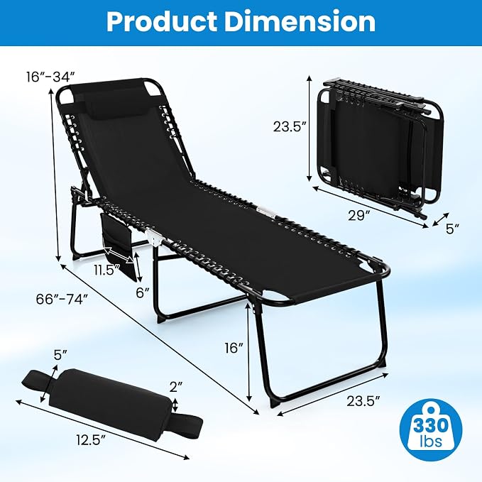 COSTWAY Folding Chaise Lounge Chair, Foldable Pool Lounger with 4-Position Adjustable Backrest, 2-Position Footrest & Soft Pillow, Patio Tanning Chair for Beach, Poolside (1, Black)