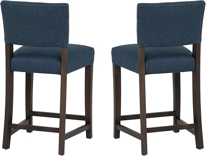 Linon Brasko Dark Espresso Wood with Dark Blue Upholstery 24" Seat Height Counter Stool in a Set of 2