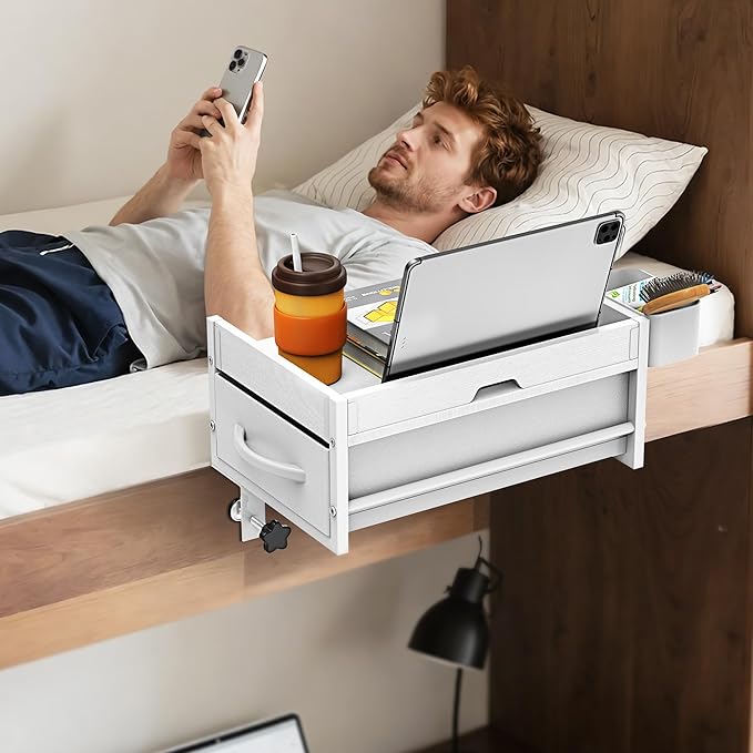 2 Tier Bedside Shelf for Dorm Bunk Bed, Under Mattress Bedside Shelf Clip On Nightstand with Fabric Drawer, Bed Side Table Tray Organizer, Bedside Tray with Cable Management, Back to School (white)
