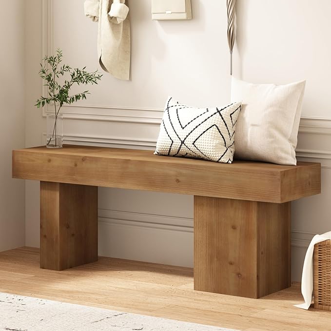 Farmhouse Solid Wood Entryway Bench, 47.3" Rustic End of Bed Bench for Bedroom, Handcrafted Accent Seating for Dining, Kitchen, Hallway, Living Room - 15 Min Assembly