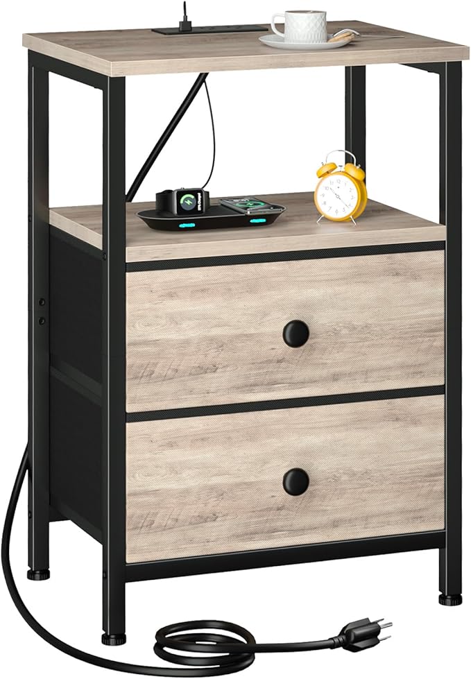 LOAKEKEL Night Stand, Nightstand with Charging Station, Slim Industrial Bedside Table with 2 Fabric Drawers, Small End Table with USB & Type-C Ports for Bedroom, Grey, HETS020GY-1