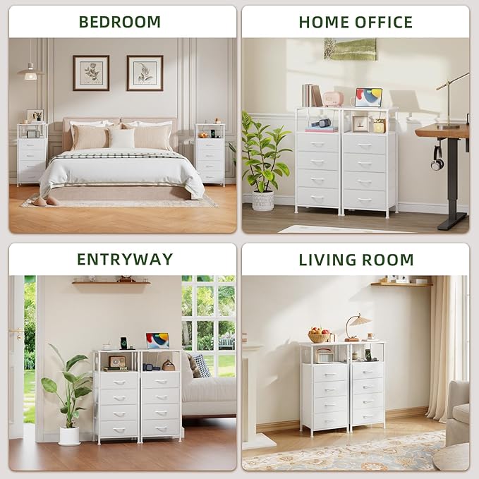 Somdot White Nightstand with Charging Station and LED Light for Bedroom, Tall 4 Drawers Dresser with Fabric Bins for Bedside Kids Dorm Room Closet Laundry Entryway, White Leather