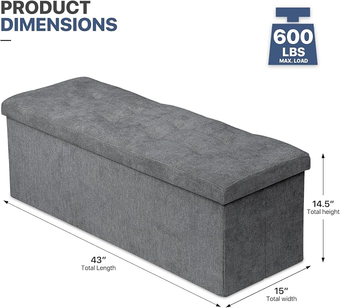 MoNiBloom 43 Inches Folding Storage Ottoman Bench, Storage Chest, Padded Seat, End of Bed Bench, Linen Fabric Ottoman Footrest for Living Room, Bedroom, Entryway, Dark Gray