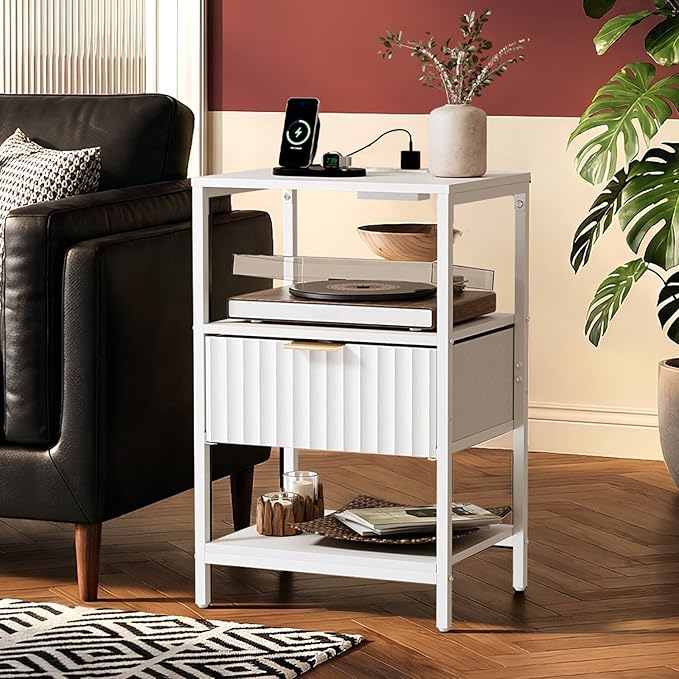 VINGLI White Nightstand with Charging Station and Fabric Drawer, Fluted Night Stand/Bedside Table, Small Night Stand with Charger Station for Bedroom, Dorm, 14.96" W*11.81" D*23.7" H, 1 pc
