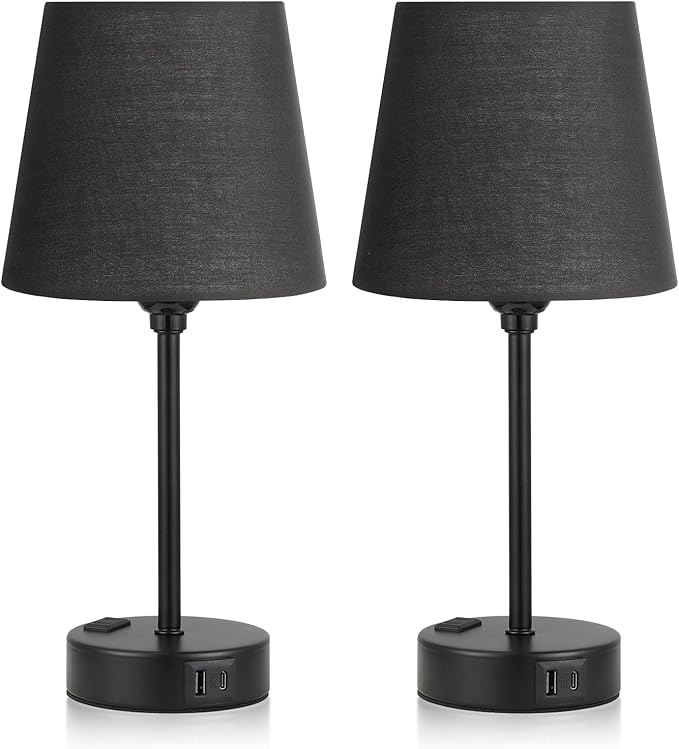 Black Lamp for bedrooms Set of 2 - Nightstand Bedroom Lamp with USB C Port and AC Outlet Charging, 3 Way Dimmable Touch Control Bed Side Table Lamp, Small Night Stand Light for Men/Kids