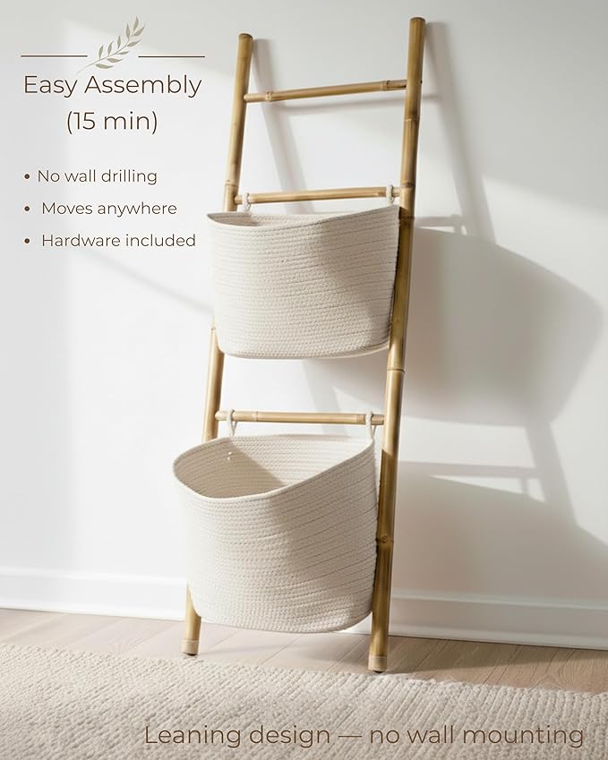Bamboo Blanket Ladder with 2 Woven Storage Baskets, Handcrafted 55in Decorative Ladder for Blankets, Leaning Blanket Holder for Living Room, Towel Ladder for Bathroom & Quilt Display Rack