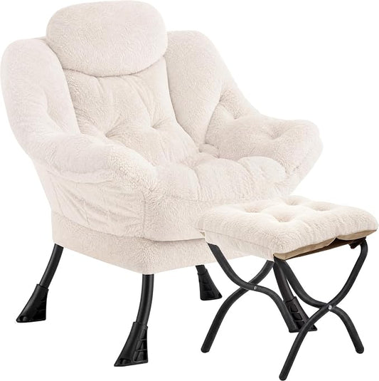 Lazy Chair with Folding Ottoman,Leisure Sofa Chair,Soft Fabric Armchair with Armrests and Side Pockets, Reading Chair with Footrest for Living Room, Bedroom, Office (Plush Beige)
