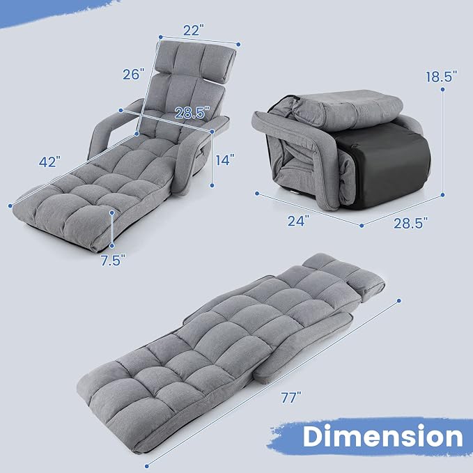 Giantex Foldable Lazy Sofa Bed, 6-Position Adjustable Floor Chair Chaise Lounge with Armrest and Footrest, Padded Gaming Recliner for Reading Living Room Bedroom Indoor (Gray)