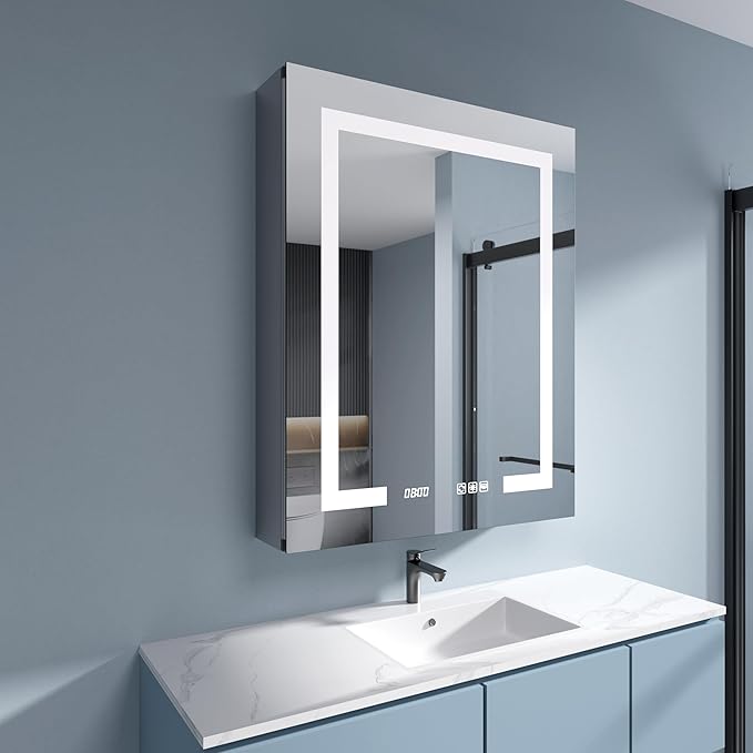 LED Medicine Cabinet Mirror, 24x30 Inch Bathroom Storage, Recessed/Wall Mount, Plug-in/Hardwired, 3 Color Dimmable Light, Anti-Fog, Time Temp Display, Right Hinge