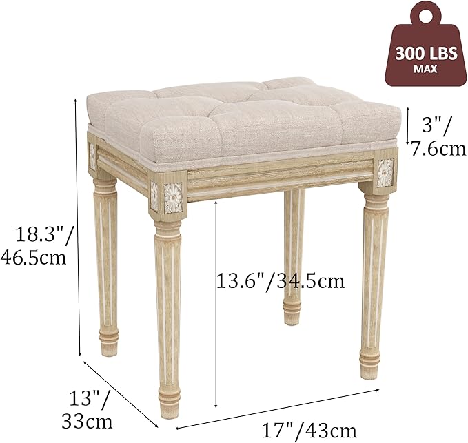 Yusong Vanity Stool Upholstered Bench Seat for Makeup Room, Vintage Small Bedroom Bench Dining Bench with Tufted Fabric for Living Room, Piano Stool with Rustic Wood, Easy Assemble,Beige