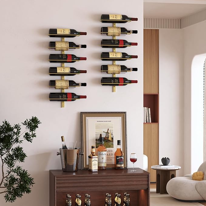 B4Life Wine Rack and Holder Wall Mounted 12 Bottles, Metal Hanging Mount Racks for Wall, Liquor, Champagne for Bottles Storage Home Bar, Cellar and Kitchen, Dining Room (Yellow, 12 Bottle)