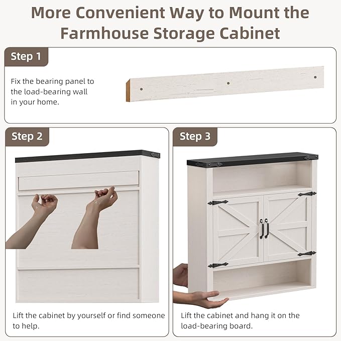 Bathroom Wall Cabinet, Farmhouse Medicine Cabinet with Adjustable Shelves and 2 Barn Doors, Wall Mounted Over the Toilet Storage Cabinet for Bathroom, Laundry Room, Kitchen, Rustic White and Black