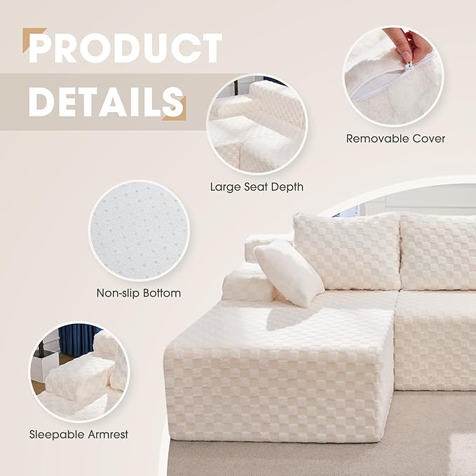 Hobestluk Modular Sectional Sofa Boneless Couch L-Shape Couch 3 Seat Modular Couch Memory Foam Sectional Couches for Living Room Furniture, Cloud Couch with Chaise Lounge (96" Left Facing Chaise)