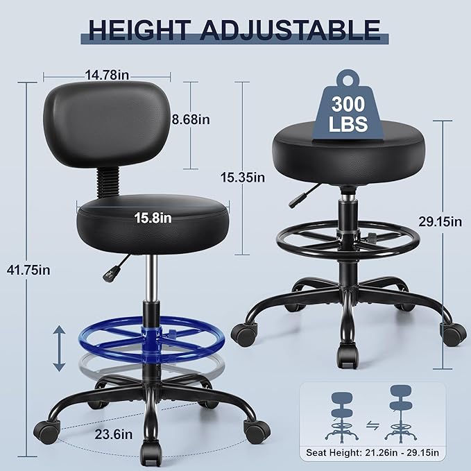 Brick Attic Drafting Chair with Backrest – Adjustable Foot Rest Rolling Stool with Wheels, PU Leather Swivel Stool for Office Spa Studio Lab Counter Salon Home Work Bar Kitchen Shop(Black), Pack of 5