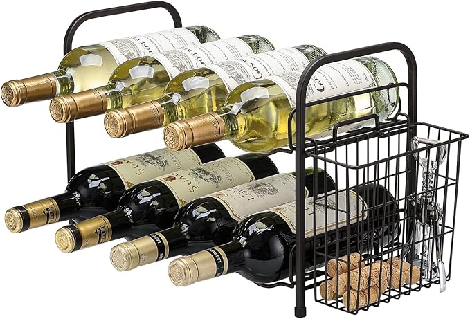 Wine Rack, 2-Tier 8 Bottles Wine Racks with Cork Holder Countertop Cabinet Wine Holder Wine Storage Shelf for Pantry Kitchen Bar Black
