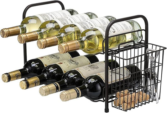 Wine Rack, 2-Tier 8 Bottles Wine Racks with Cork Holder Countertop Cabinet Wine Holder Wine Storage Shelf for Pantry Kitchen Bar Black