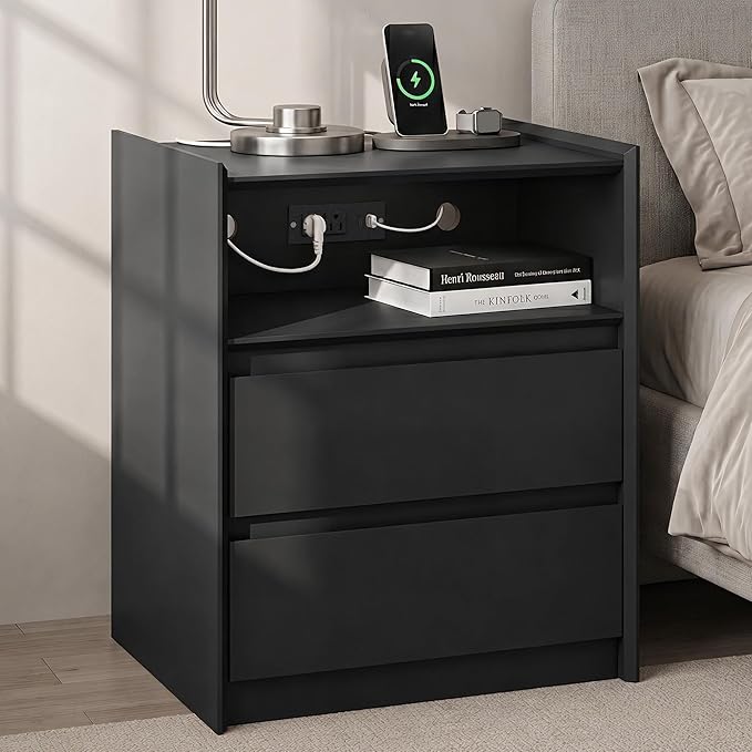 24" Tall Nightstand with Charging Station Including USB-C, Modern Bedside Table and Sofa End Table - Black, 2 Drawers, 1-Pack