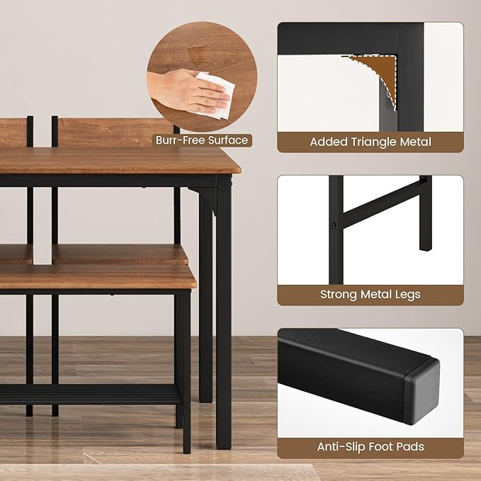 COSTWAY Dining Table Set for 4, Rectangular Kitchen Table Set with Bench and 2 Chairs, Storage Rack & Metal Frame, 4-Piece Dining Room Table and Chairs Set for Small Space, Apartment (Brown)