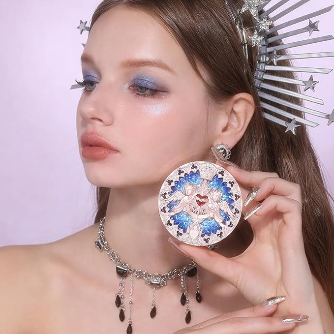 Flower Knows Little Angel Embossed Highlighter - Cool Starlight Highlighter Powder,Long-Lasting Ethereal Starry Glow,Cool Blue-Purple & White Pearl Shimmer,Galaxy-Inspired(L04 Moon River)