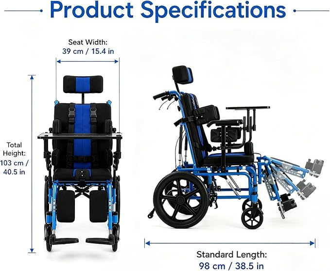 Full Reclining Pediatric Wheelchair – Heavy Duty Folding Kids Wheelchair with Headrest, Meal Tray & Elevating Footrest, Medical Mobility Chair for Home, Travel & Rehabilitation (Blue)