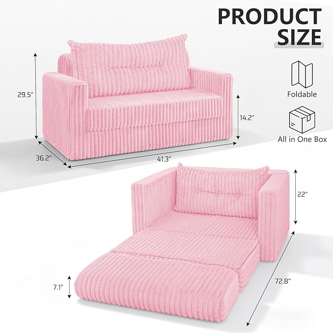 HABUTWAY 41.3" Loveseat Boneless Couch, 4-in-1 Convertible Sofa Bed, Plush Fur Folding Futon Sofa Bed Couches with a Pillow for Living Room, High-Density Foam Support, No Assembly Required, Pink
