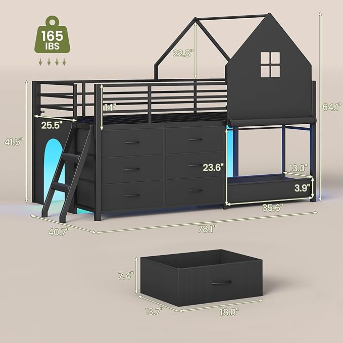 UPOSOJA Twin - Low Loft Bed with Kids Clothing Rack, Kids Loft Bed, Loft Bed with Tent, Toy Storage Box, Safety Guardrail, LED Light, Under-Hide and Seek Bed Play Space (Black)