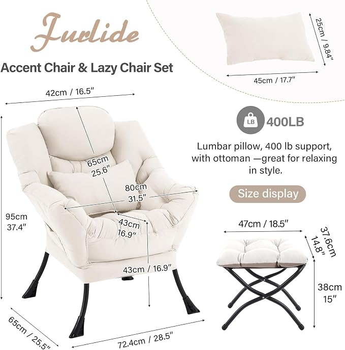 Furlide Lazy Chair with Ottoman, Comfy Fabric Accent Lounge Arm Chair with Lumbar Pillow and Folding Footrest, Reading Leisure Sofa Chair for Bedroom, Living Room, Dorm,Beige